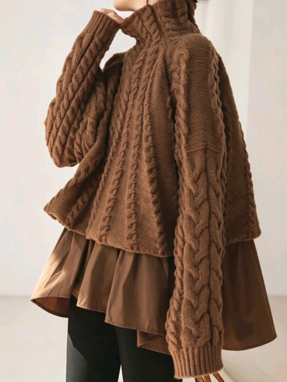 Women's Cable Knit Long Sleeve 2 In 1 Sweater With Patchwork Hem